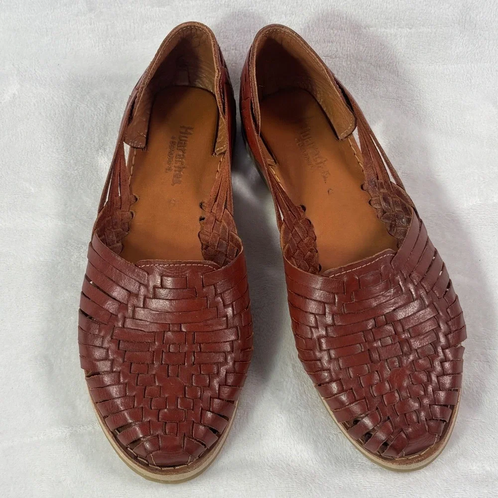 Bearpaw Huaraches Woven Leather Flat Sandals Cognac Brown Women Size 9